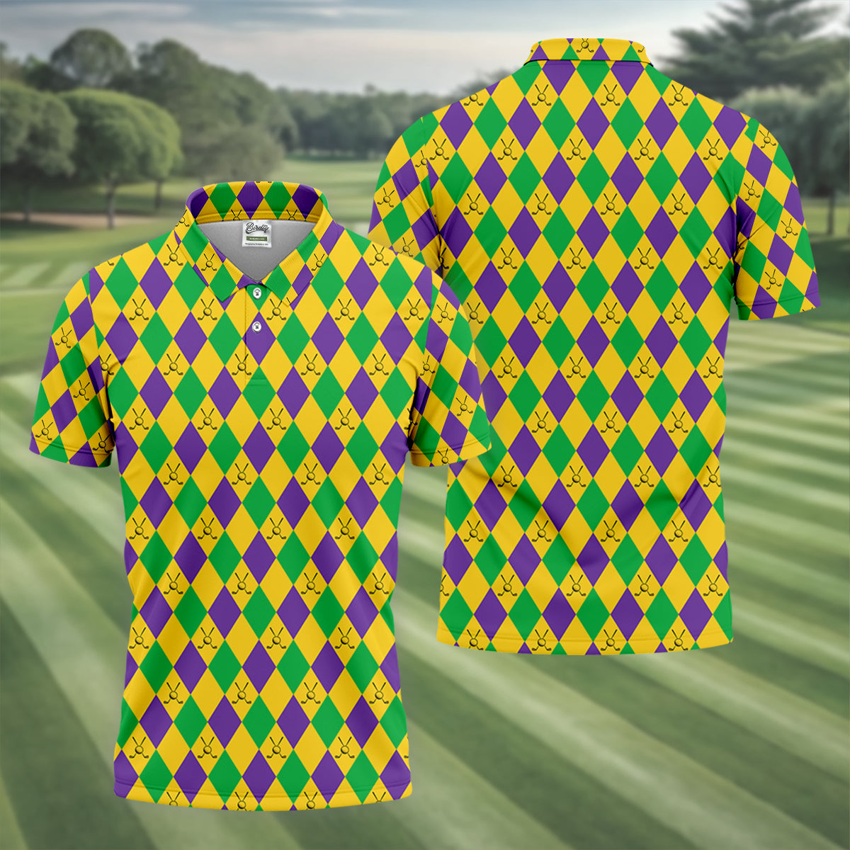 Green Gold Purple Argyle Pattern Mardi Gras Golf Shirt, Polo Shirt Men, Golf Shirts For Men