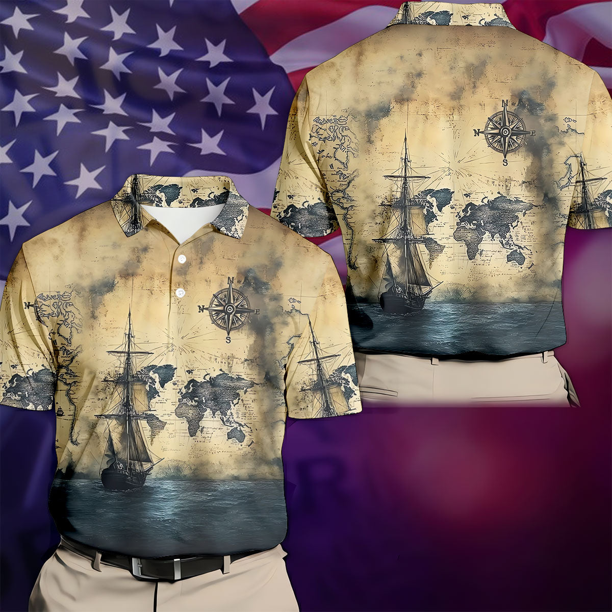 Vintage Ship Map Compass Ocean Golf Shirt, Hawaiian Golf Shirt, Mens Golf Shirts