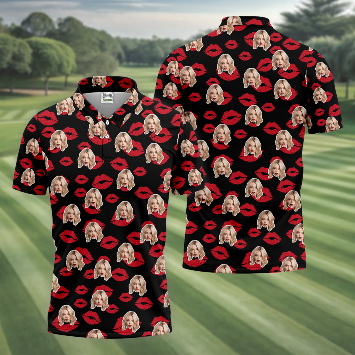 Kiss Lipstick Mark Custom Photo Golf Tops For Men, Valentines Golf Gift, Polo ShirtFor Men