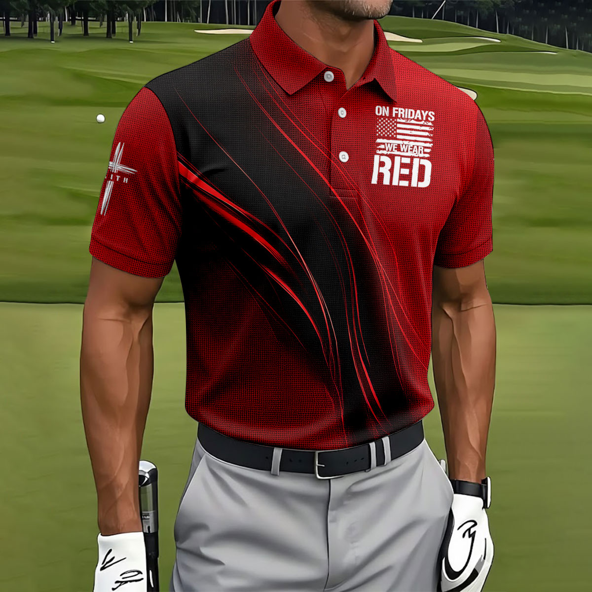 On Friday We Wear Red Faith Cross Red Black Gradient Patriotic Golf Shirt, 250 Years Polo Shirt Men