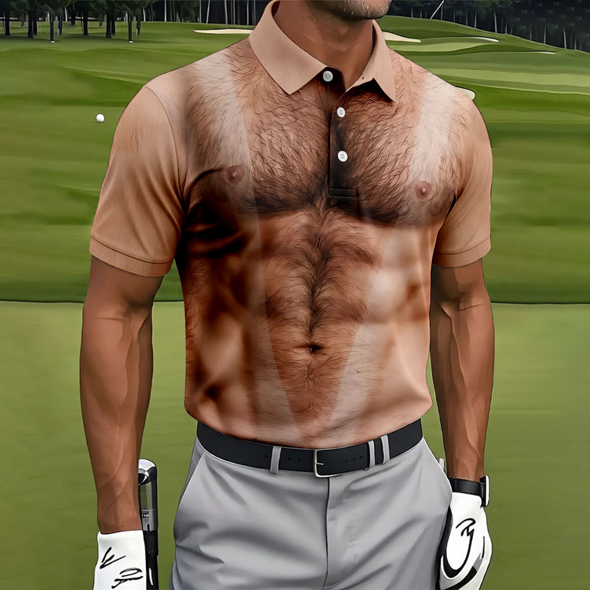 Funny Hairy Man Body Illusion Design Hawaiian Golf Shirt, Golf Shirts For Men, Polo Shirts For Men