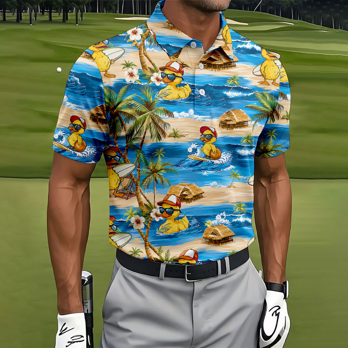 Cool Duck Hawaiian Golf Shirt, Surfing Duck Beach Men's Golf Polo, Polo Shirts For Men