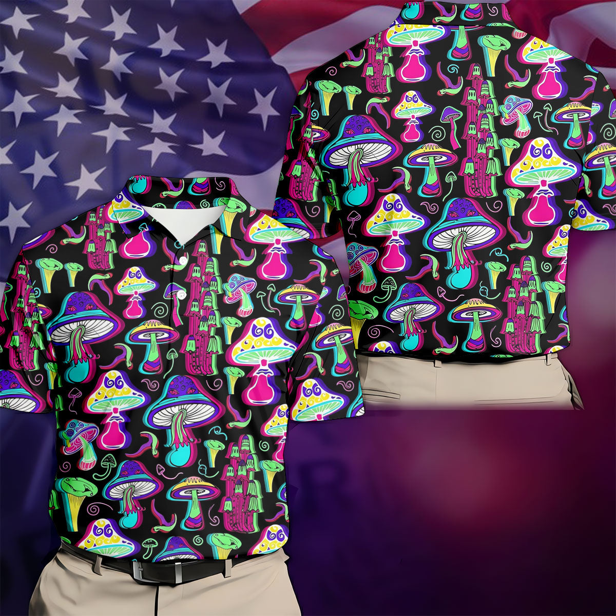 Black Neon Mushroom Pattern Golf Shirt, Mens Golf Polo, Golf Apparel For Men, Printed Golf Shirts
