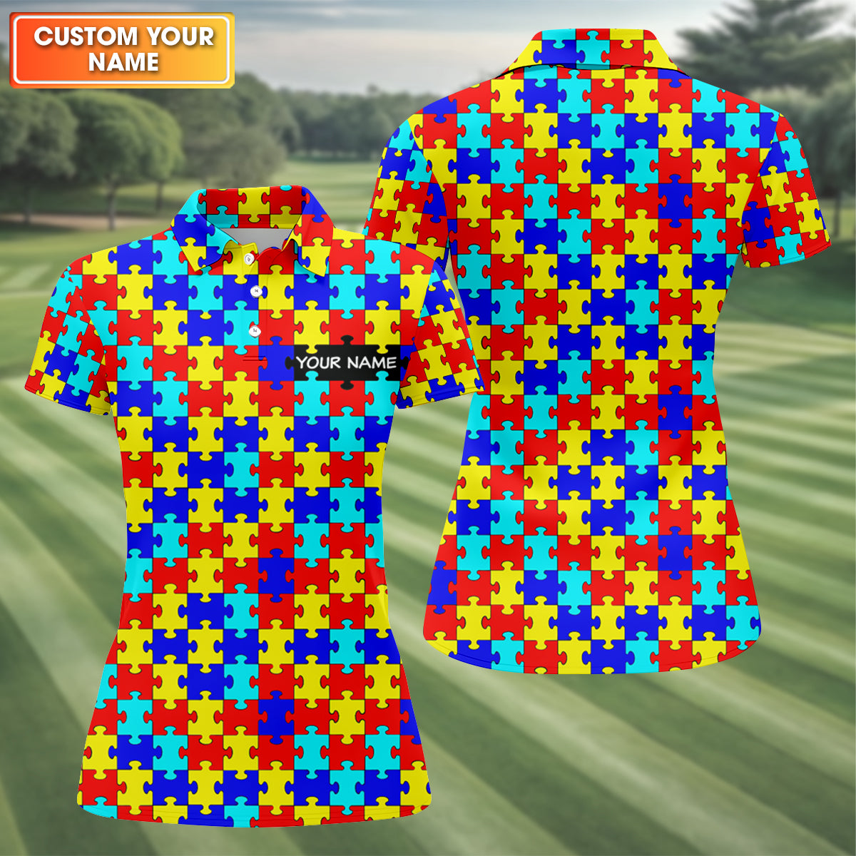 Autism Awareness Colorful Puzzle Pattern Ladies Golf Shirts, Golf Shirt For Women, Ladies Golf Polos