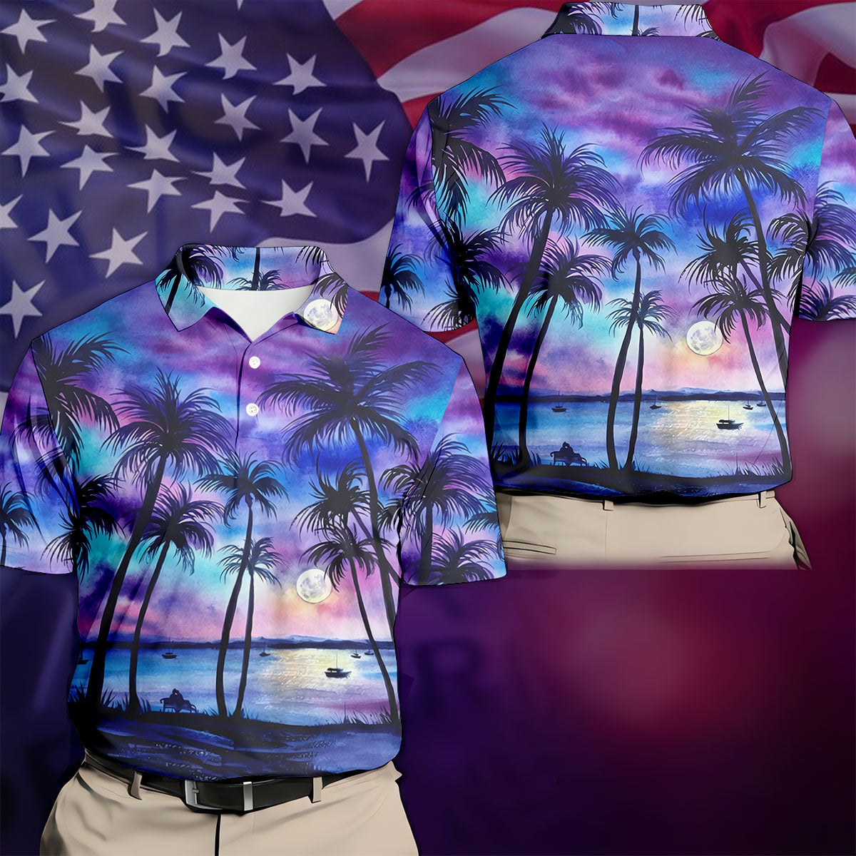 Moonlit Tropical Beach Palm Tree Design Hawaiian Golf Shirt, Golf Shirts For Men, Polo Shirts For Men