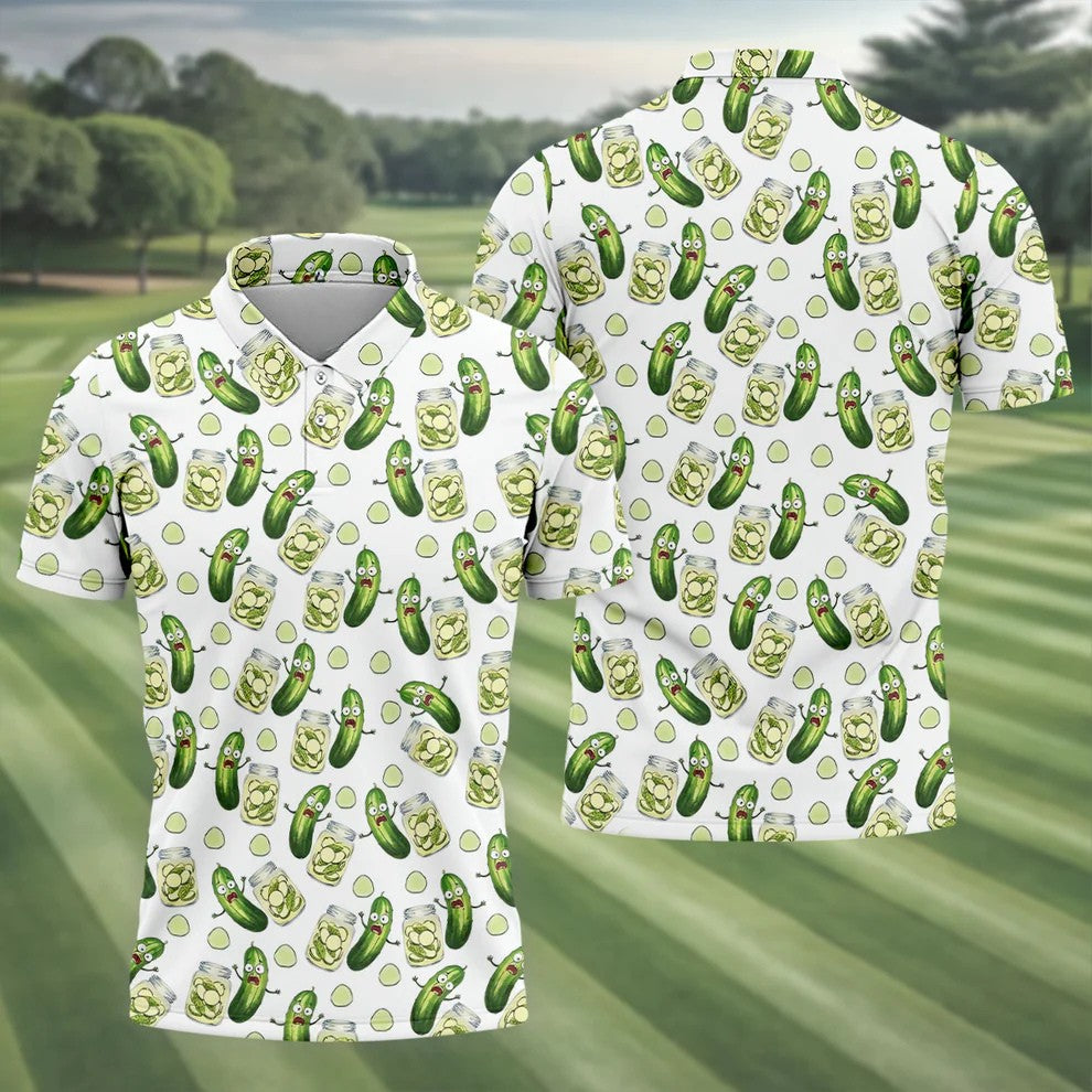 Funny Pickle Hawaiian Golf Shirt, Cartoon Style Men's Golf Shirt, Polo Shirts For Men