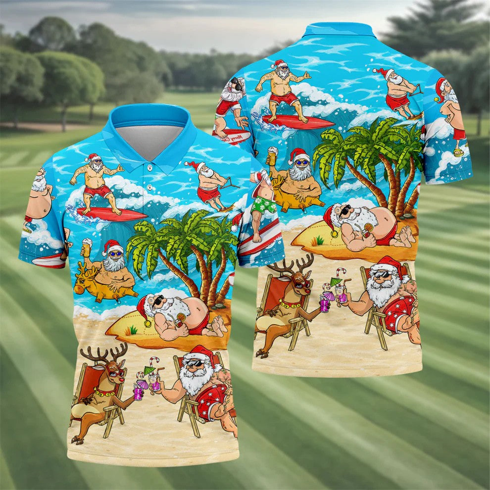 Funny Santa Beach Party Men's Golf Shirt, Christmas Golf Shirt, Golf Apparel For Men