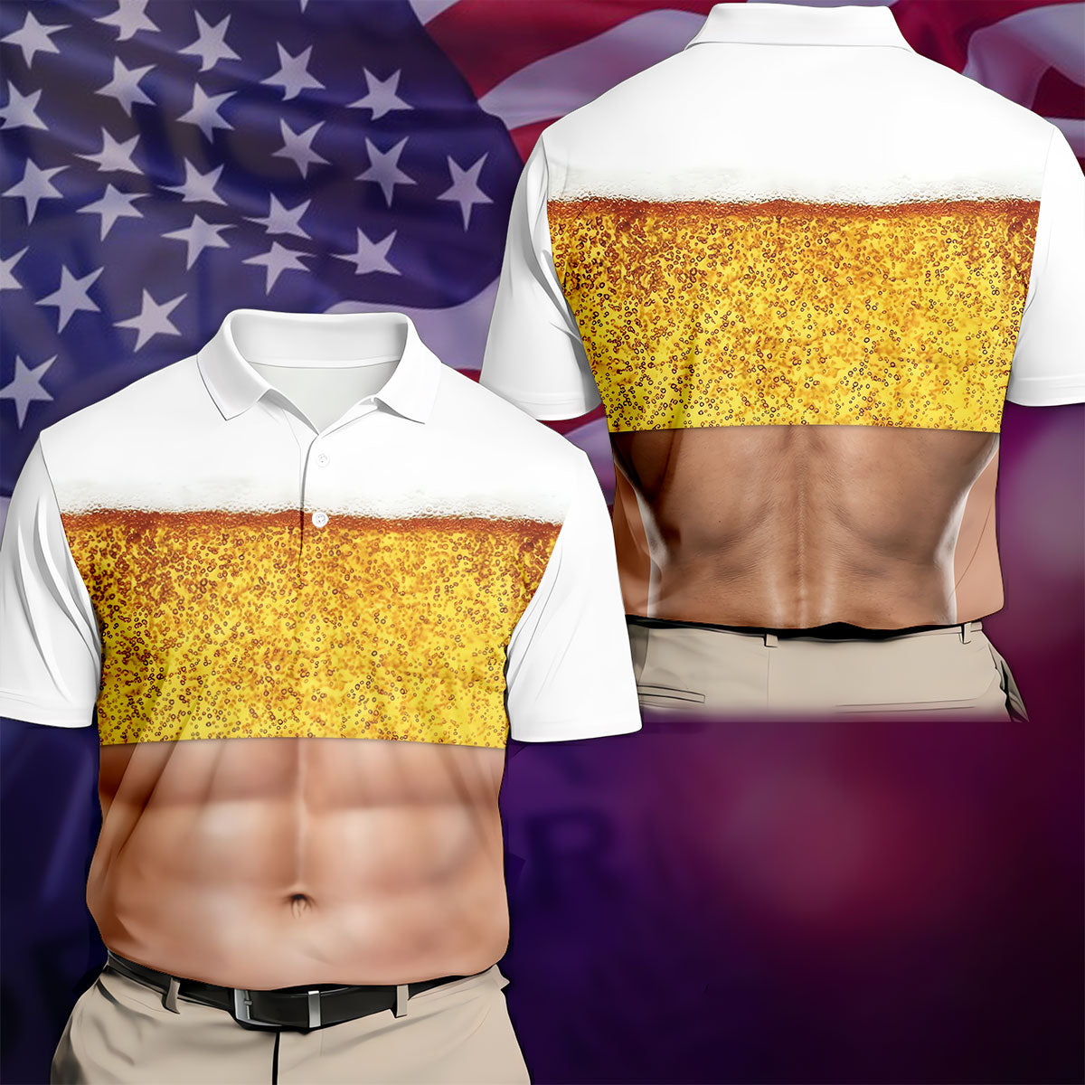 Bubbly Beer Foam Faux Abs Sleeveless Crop Golf Shirt, Printed Golf Shirts, Mens Golf Apparel