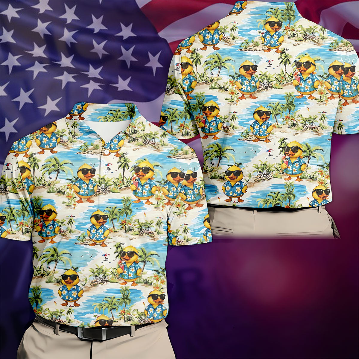 Cute Funny Duck Hawaiian Golf Shirt, Beach Theme Men's Golf Shirt, Polo Shirts For Men