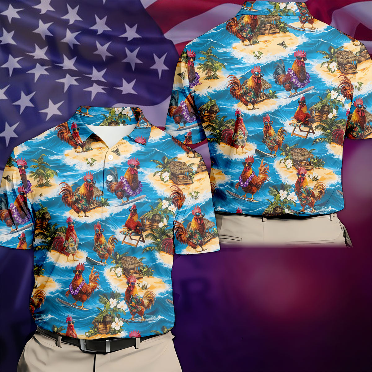 Cool Rooster Beach Vacation Hawaiian Golf Shirt, Mens Golf Polo, Printed Golf Shirts