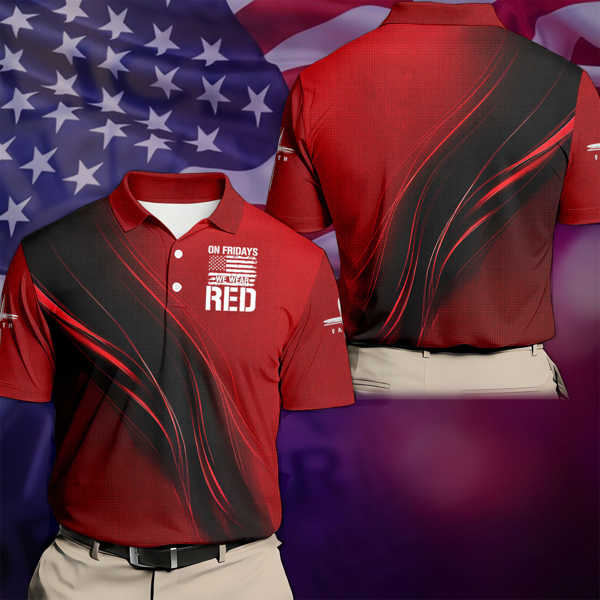 On Friday We Wear Red Faith Cross Red Black Gradient Patriotic Golf Shirt, 250 Years Polo Shirt Men