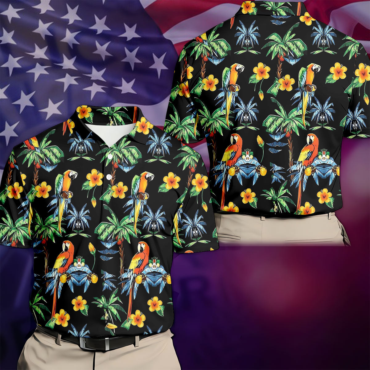 Black Tropical Parrot Palm Flower Pattern Golf Shirt, Men's Golf Shirt, Mens Polo Shirts, Hawaiian Golf Shirt