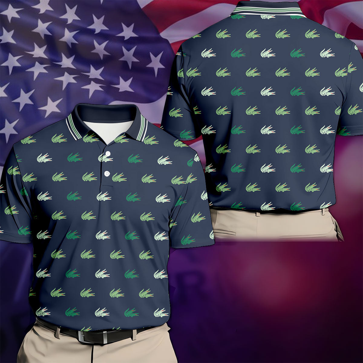 Navy Crocodile Pattern Golf Shirt, Mens Polo Shirt, Golf Shirts For Men, Performance Golf Shirt