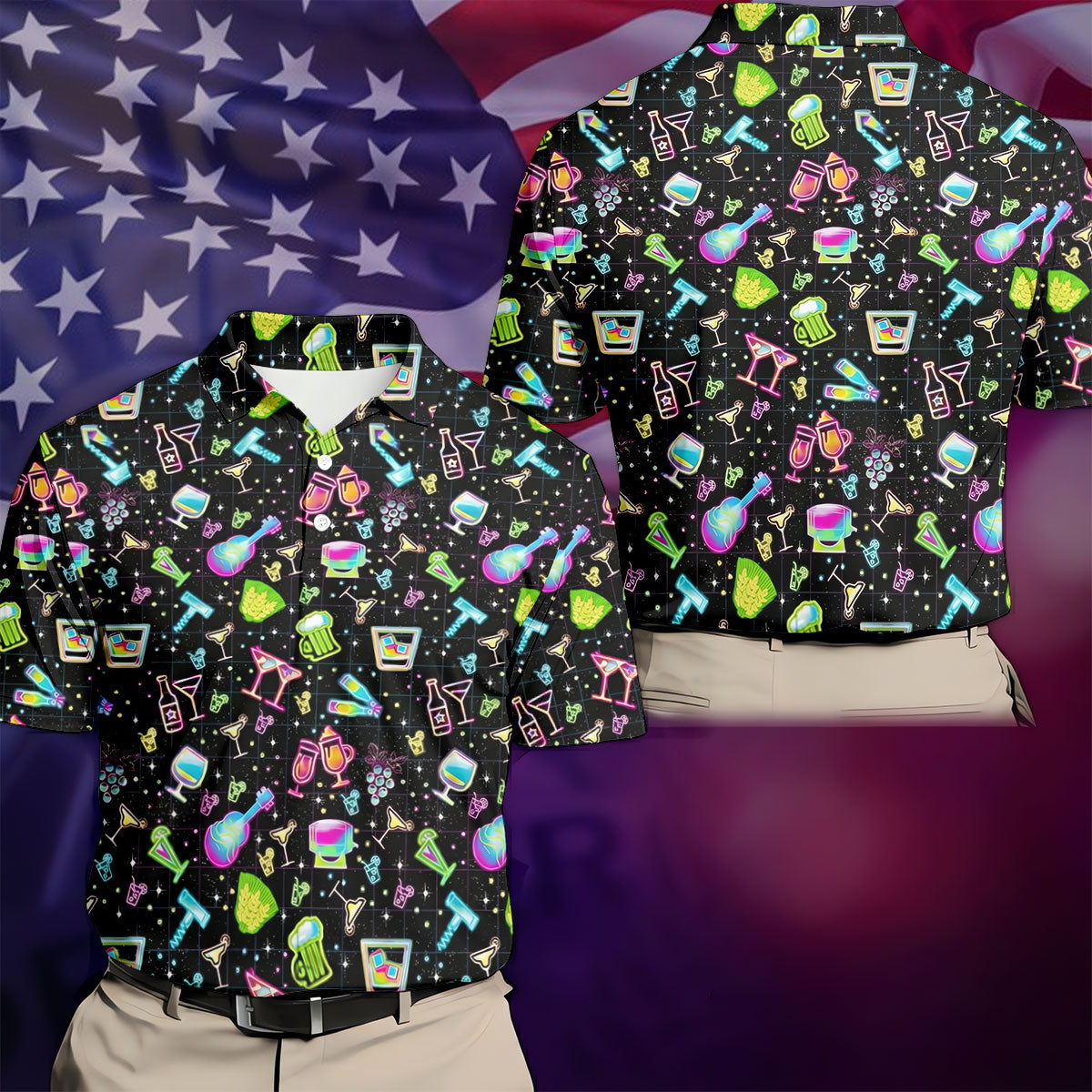 Neon Cocktail Party Pattern Design Hawaiian Golf Shirt, Golf Shirts For Men, Polo Shirts For Men