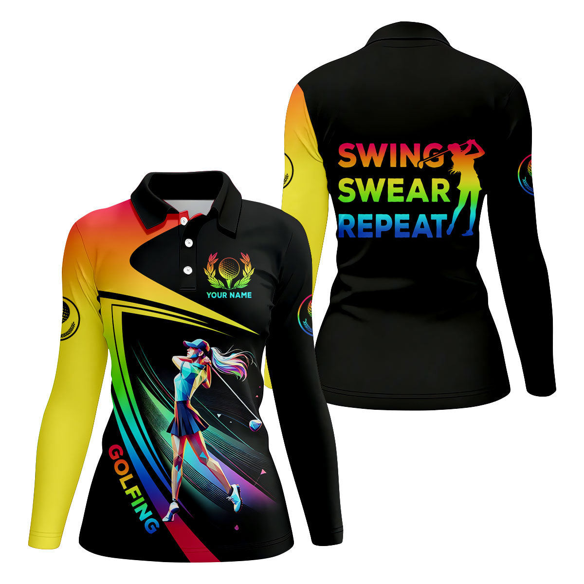 Swing Swear Repeat Personalized Funny Golf Polo ShirtCustom Ladies Golf Shirt