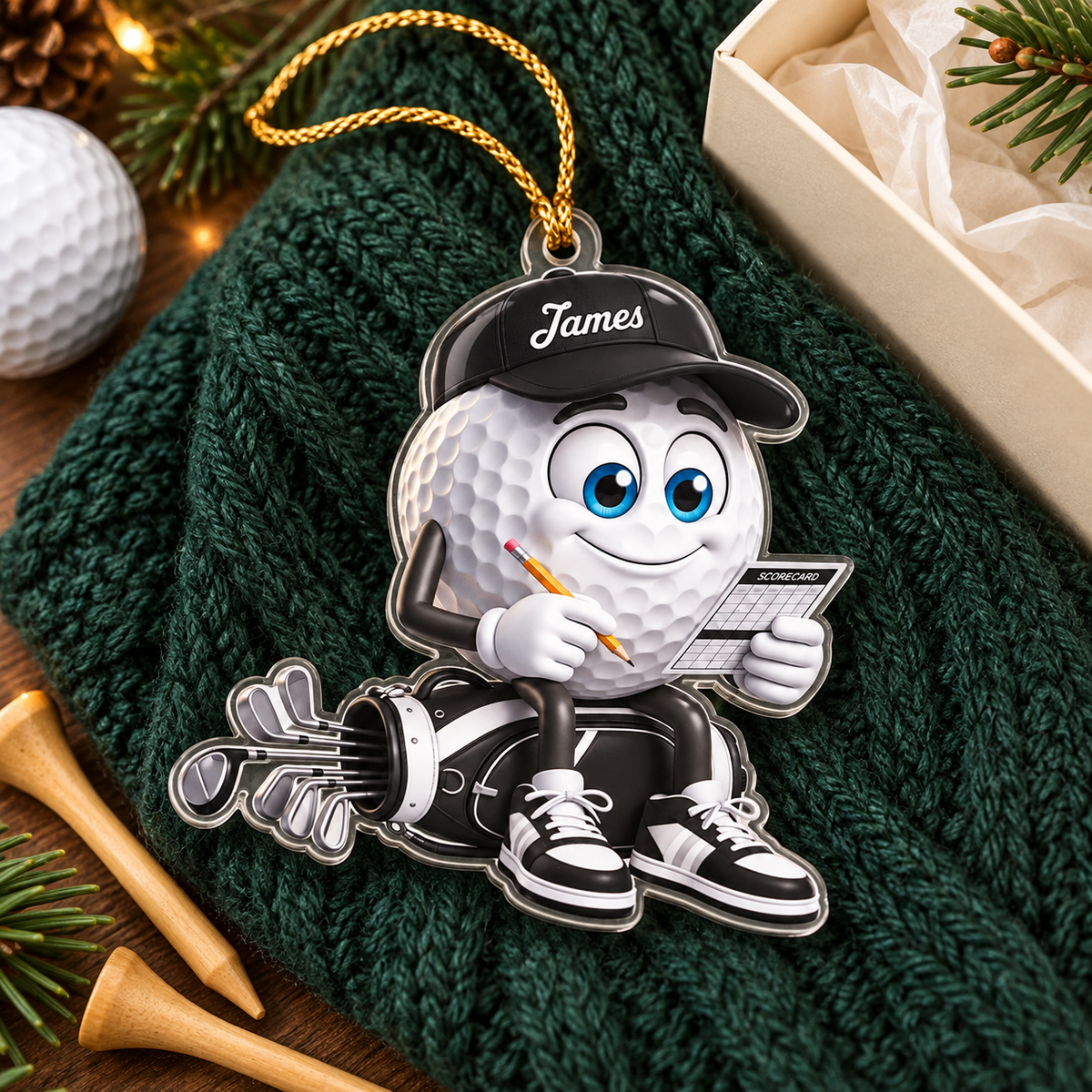 Custom Name Black Golf Scorecard Acrylic Ornament, Christmas Tree Decor, Golfer Gifts