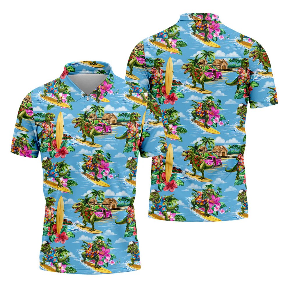 Hawaiian T Rex Surfboard Beach Hawaiian Golf Shirt, Mens Golf Polo, Printed Golf Shirts