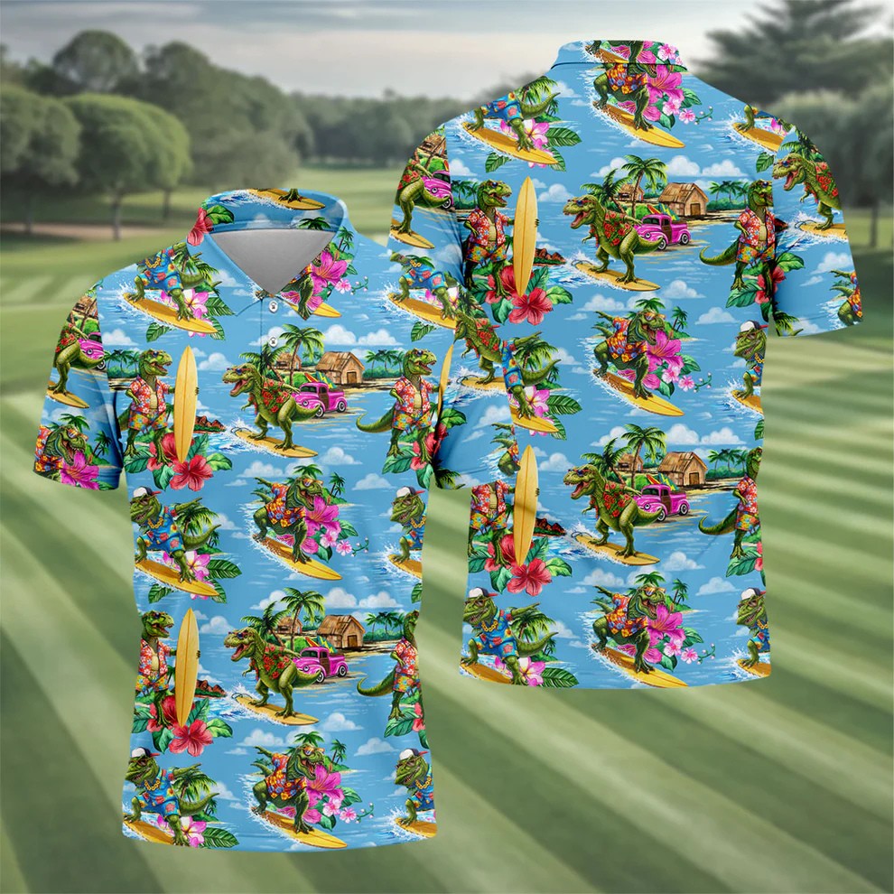 Hawaiian T Rex Surfboard Beach Hawaiian Golf Shirt, Mens Golf Polo, Printed Golf Shirts