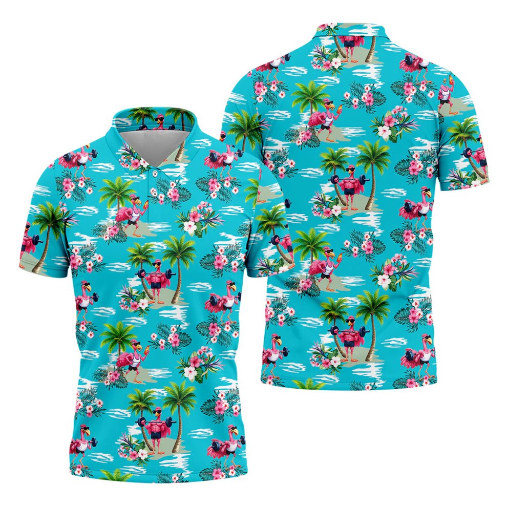 Funny Weightlifting Flamingo Tropical Hawaiian Golf Shirt, Mens Golf Polo, Printed Golf Shirts