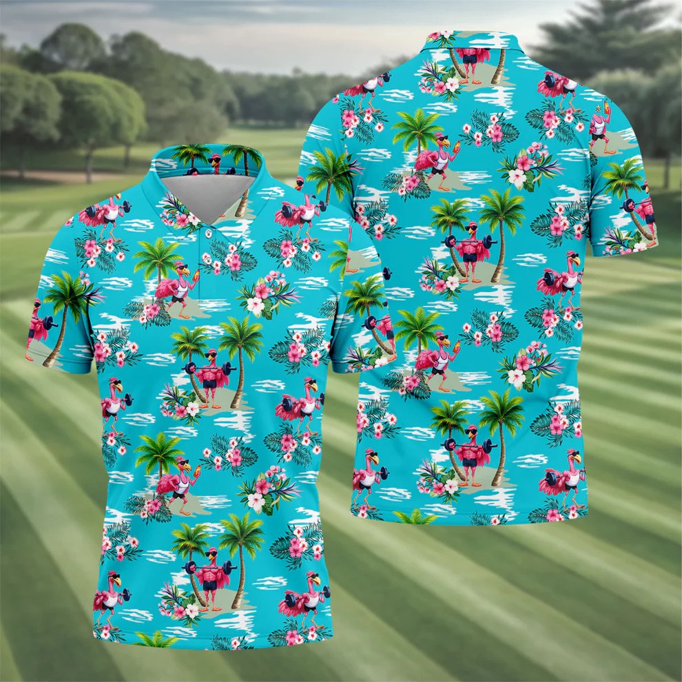 Funny Weightlifting Flamingo Tropical Hawaiian Golf Shirt, Mens Golf Polo, Printed Golf Shirts