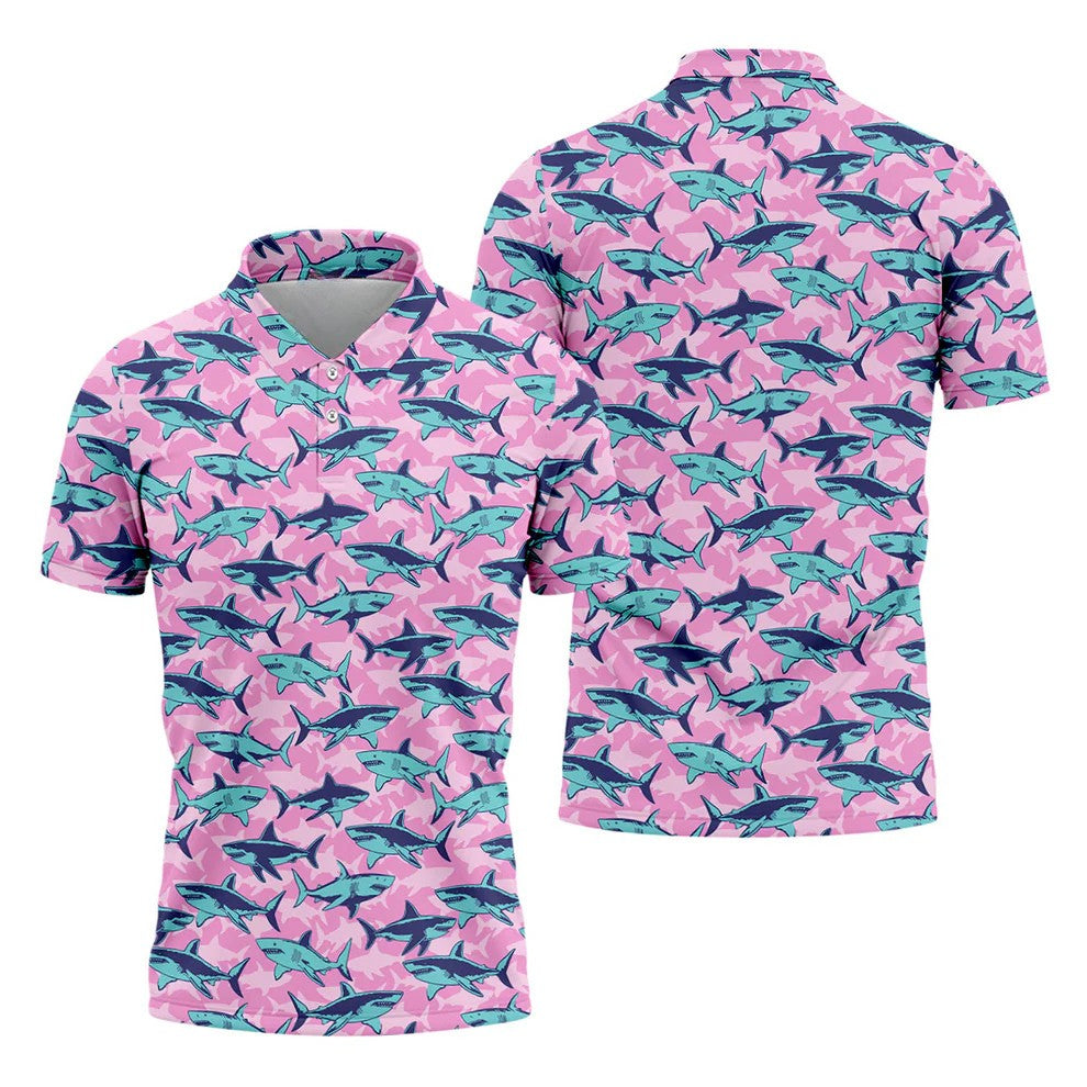 Shark Pattern Hawaiian Golf Shirt, Pink Golf Shirt, Polo Shirts For Men, Golfing Apparel