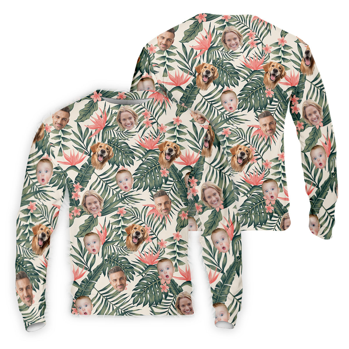 Tropical Floral Pattern Custom Hawaiian Shirts With Face, Men Polo ShirtLong Sleeve Golf Shirts