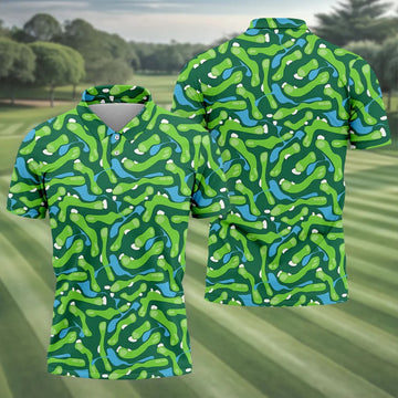 Golf Course Layout Golf Shirt, Fairway Water Hazard Pattern, Golf Shirt For Men