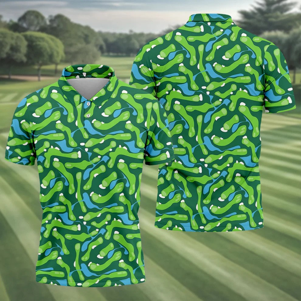 Golf Course Layout Golf Shirt, Fairway Water Hazard Pattern, Golf Shirt For Men