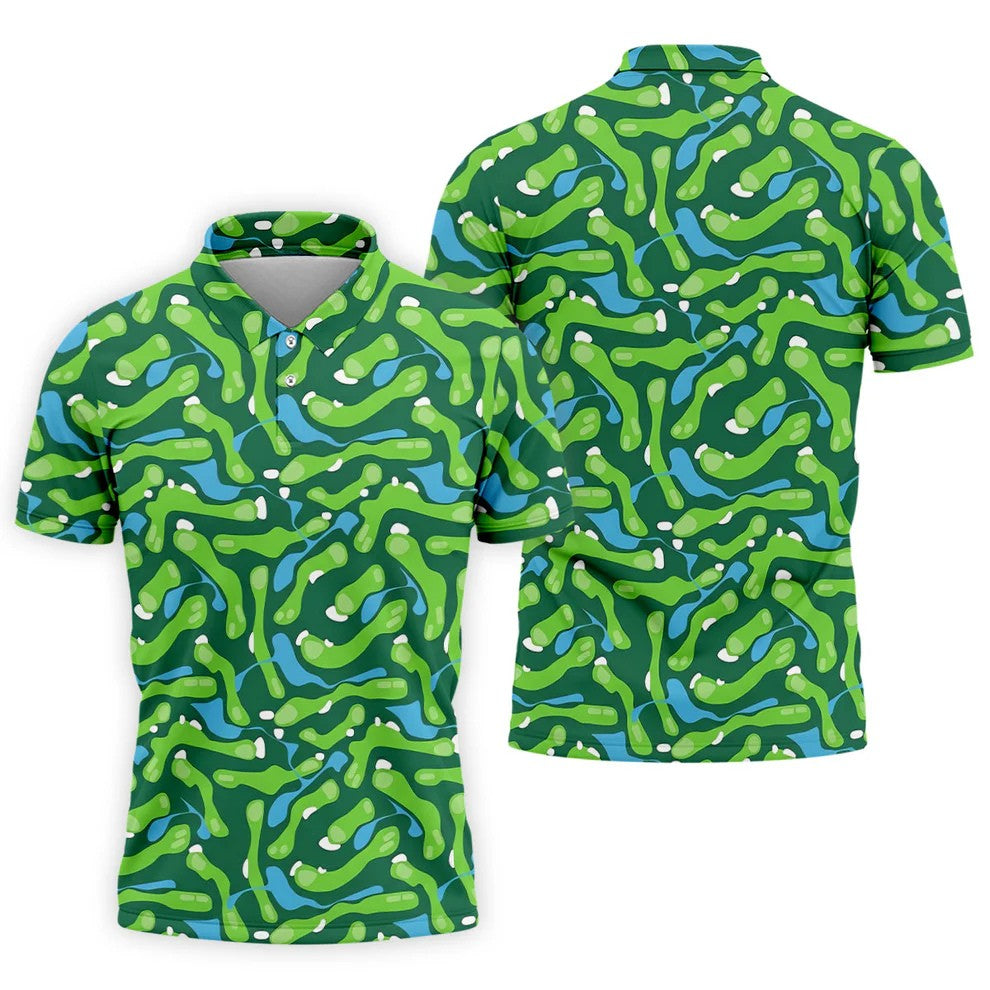 Golf Course Layout Golf Shirt, Fairway Water Hazard Pattern, Golf Shirt For Men