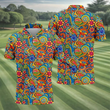Colorful Floral Paisley Pattern Polo Shirt, Hawaiian Golf Shirt, Mens Golf Apparel