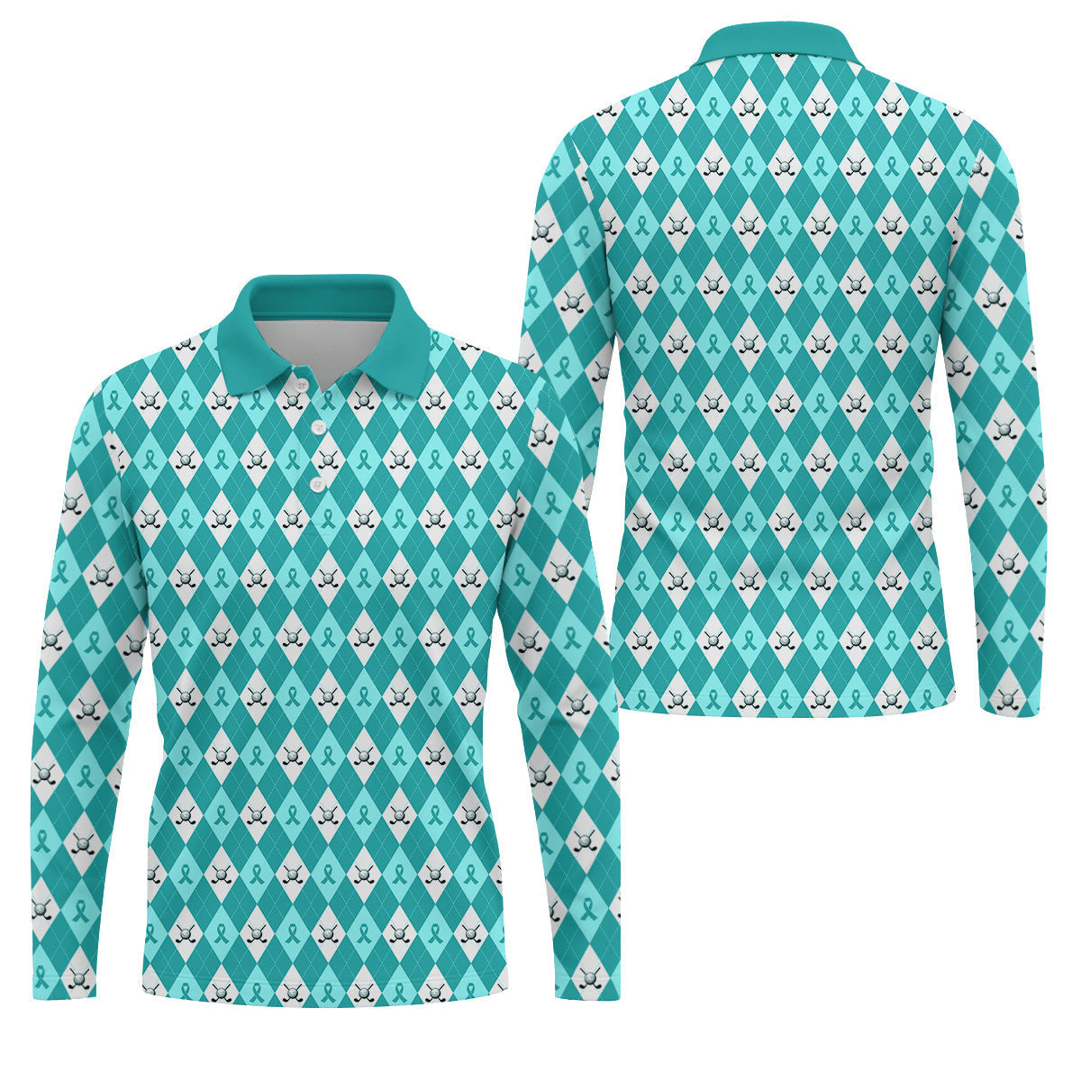Ovarian Cancer Teal Argyle Men's Golf Polo ShirtOvarian Cancer Awareness Shirt, Golf Gift For Men