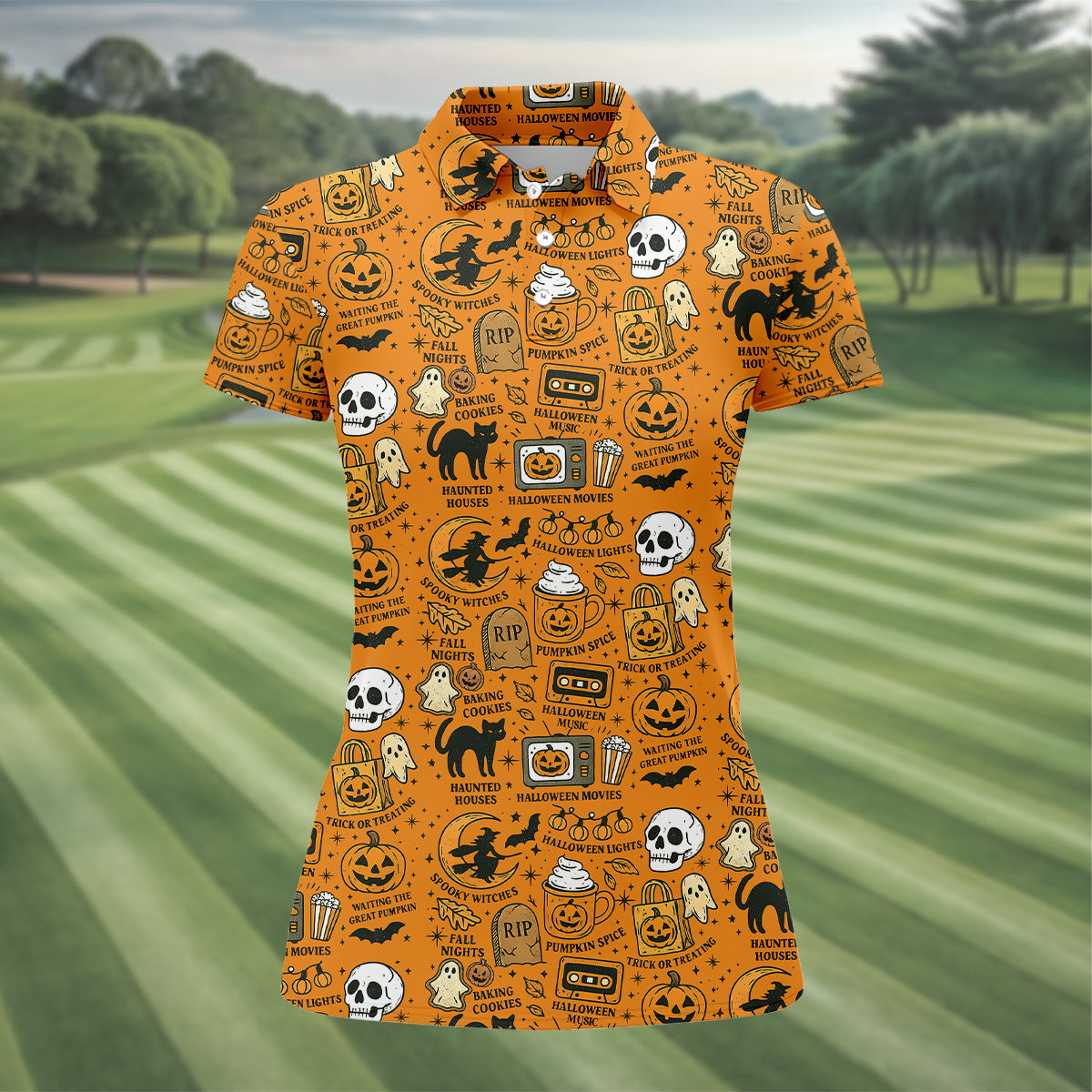 Orange Halloween Cat Golf Polo Shirtloween Theme Shirts, Ladies Golf Shirts, Golfing Apparel