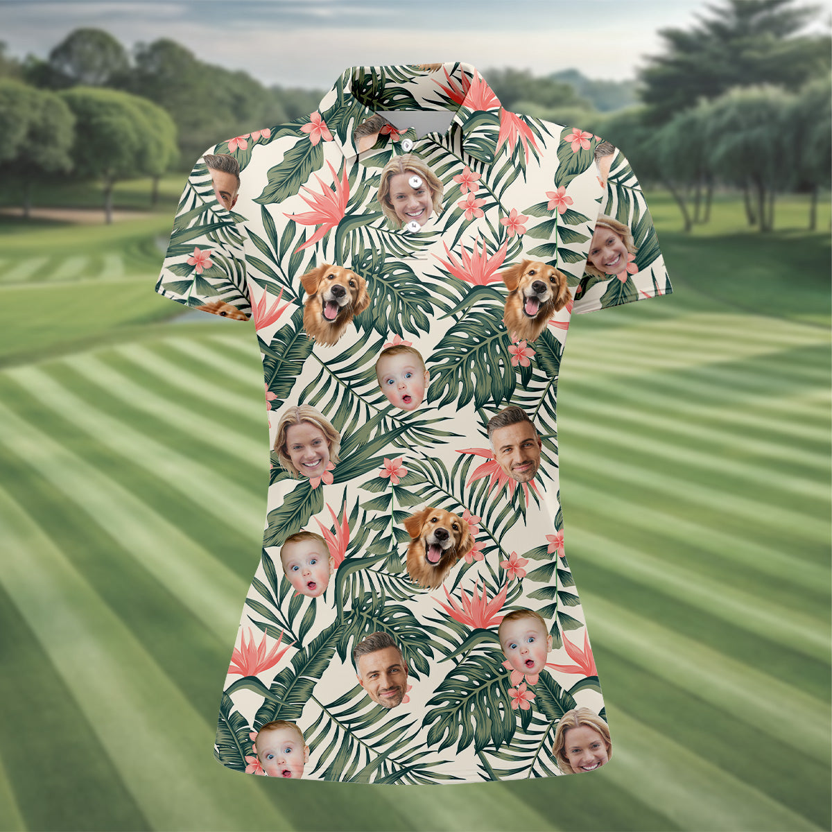 Tropical Floral Pattern Custom Hawaiian Shirts With Face, Womens Hawaiian Golf Shirts, Ladies Golf Shirts