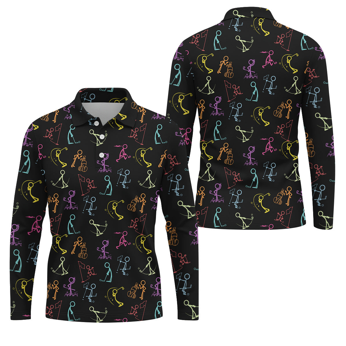 Funny Stickman Golfer Pose Black Golf Shirt, Unique Gift For Golfer, Men's Golf Polo, Golfing Apparel