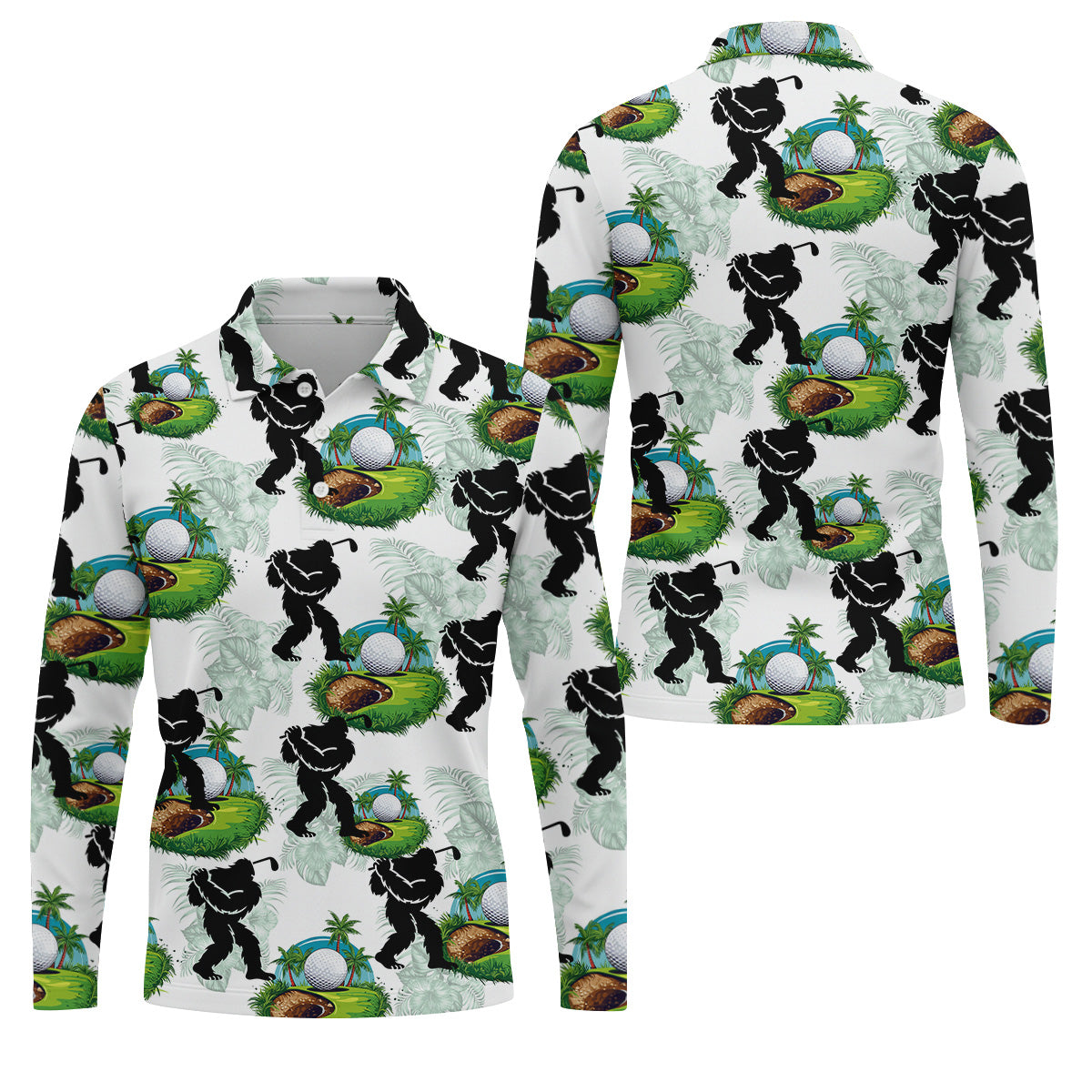 Tropical Golf Cart Bigfoot Golf Shirt, Funny Bigfoot Mens Golf Polo Shirt Cool Golf Gifts, Golfing Apparel