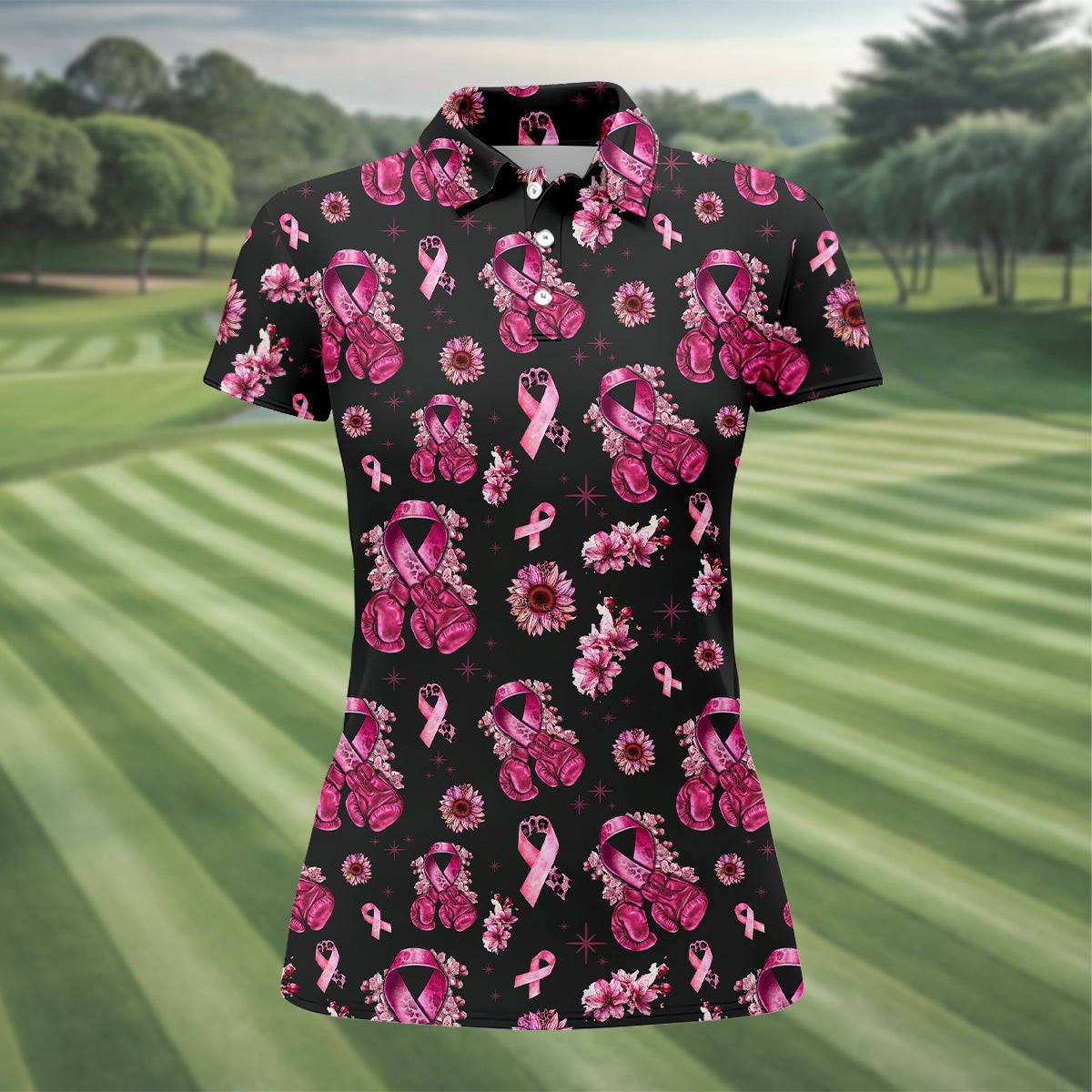 Boxing Gloves Fighter Black Breast Cancer Golf Shirt, Breast Cancer Support Shirts, Womens Golf Polo