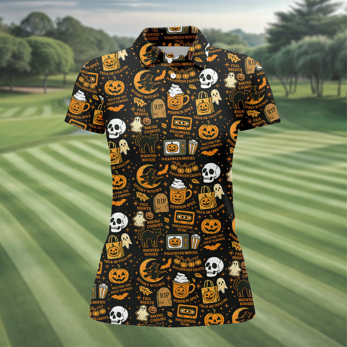 Vintage Halloween Cat Golf Polo Shirtloween Theme Shirts, Ghost Pumpkin Ladies Golf Shirts, Golfing Apparel