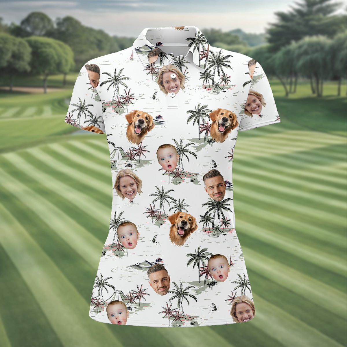 Ladies Palm Tree Shirt, White Hawaiian Shirt, Custom Face Shirt, Womens Sleeveless Polo, Ladies Golf Shirts