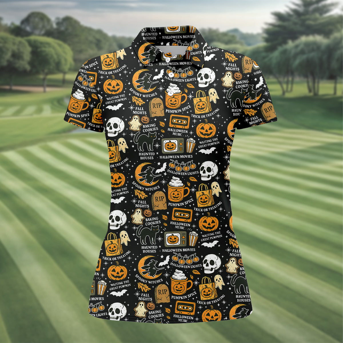 Vintage Halloween Spooky Witches Golf Polo Shirtween Theme Shirts, Ghost Pumpkin, Ladies Golf Shirts