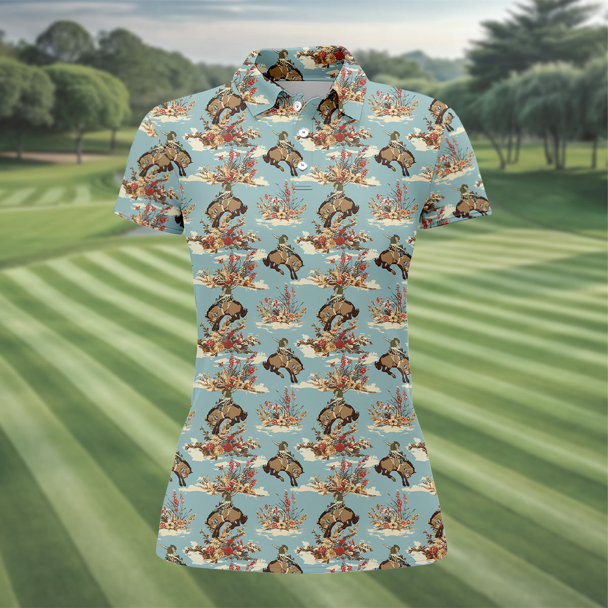 Cowboy Pattern Vintage Blue Golf Shirt, Womens Golf Shirts, Ladies Golf Shirts, Golfing Apparel