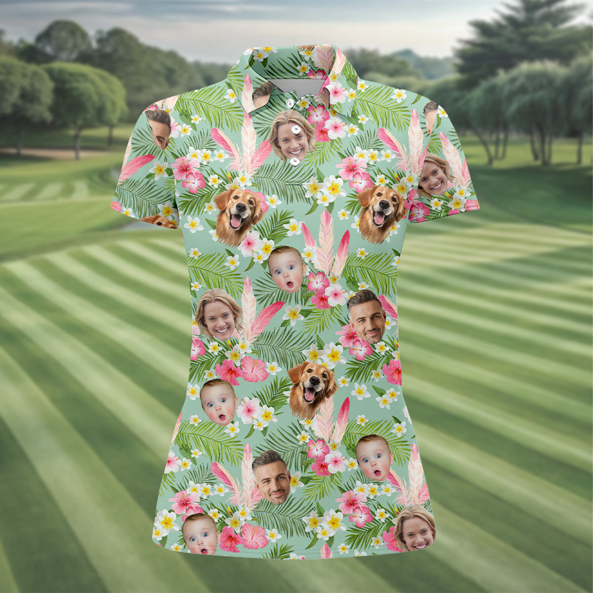 Hibiscus Hawaiian Shirt, Green Hawaiian Shirt, Custom Face Shirt, Womens Long Sleeve Golf Shirts, Ladies Golf Shirts