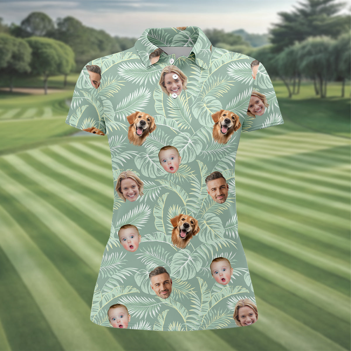 Tropical Leaf Pattern Hawaiian Tops For Women, Custom Team Shirt, Green Polo ShirtLadies Golf Shirts