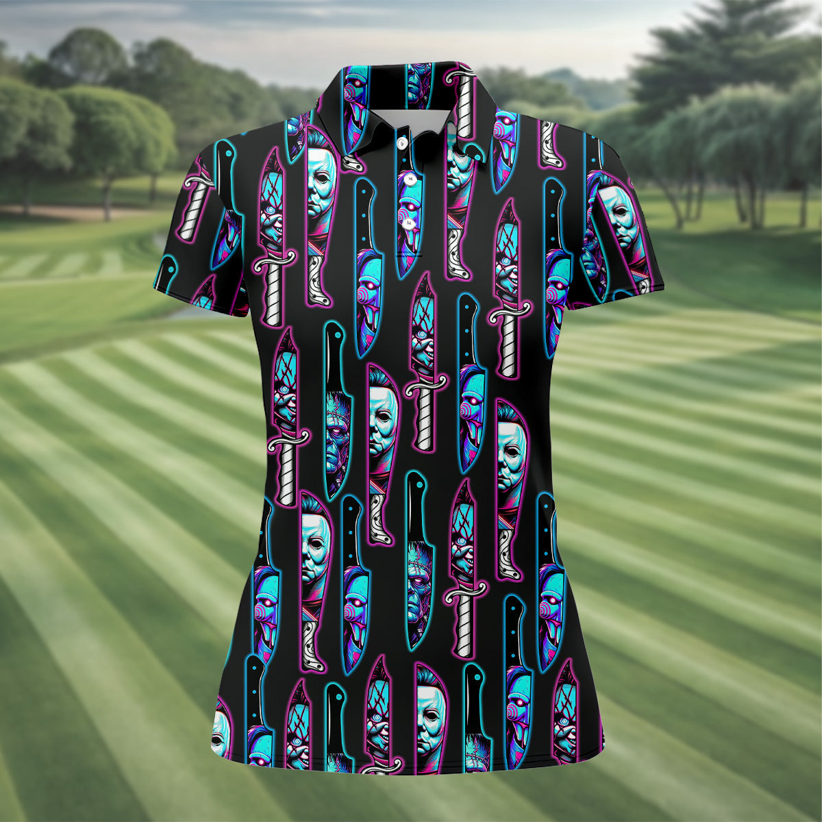 Funny Horror Character Women Golf Shirt, Horror Movie Shirt, Halloween Golf Shirt, Scary Halloween Shirts, Womens Golf Gifts
