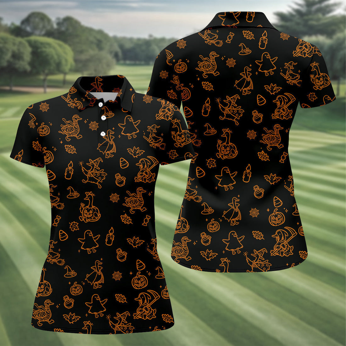 Goose Halloween, Doodle Pattern, Black Orange Golf Polo, Sleeveless Womens Golf Shirts, Ladies Golf Shirts