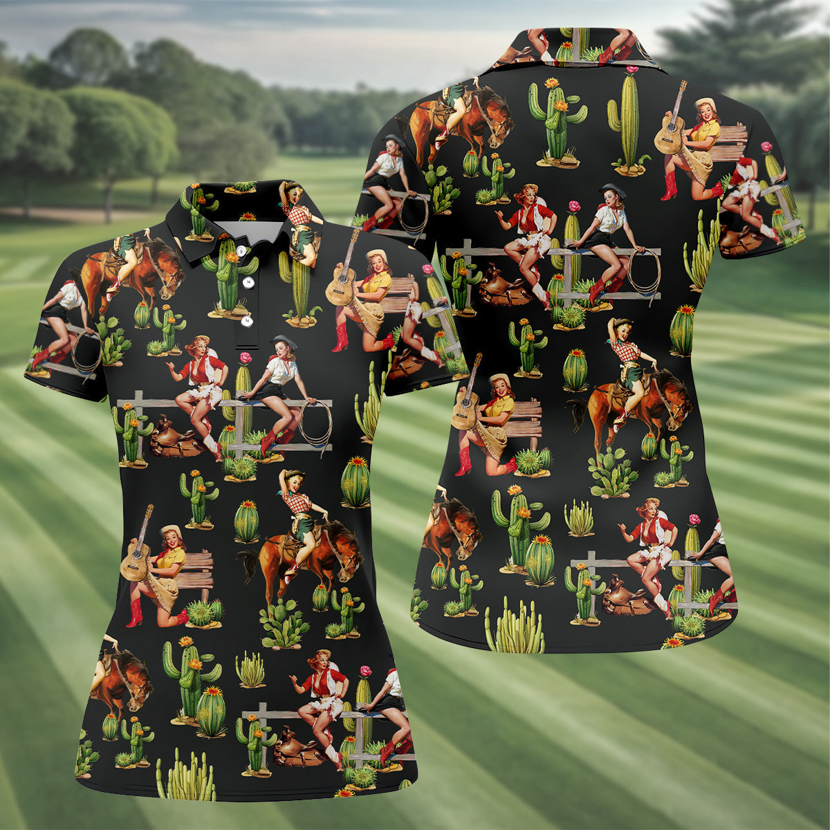 Vintage Cowgirl Black Women's Golf Polo, Western Rodeo Women Golf Top, Cute Golf Outfit, Golfing Apparel