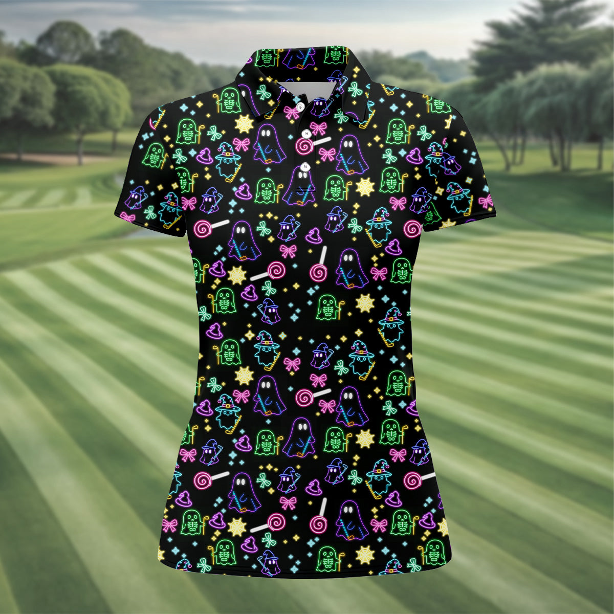 Funny Ghost Golfing Women's Polo ShirtNeon Golf Shirt, Fun Womens Golf Shirts, Funny Halloween Shirt