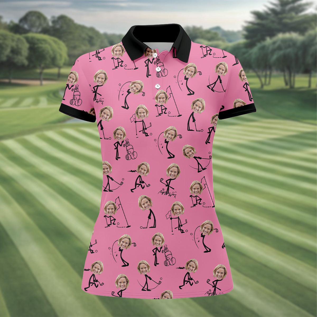 Funny Stickman Pink Custom Face Golf Shirt, Ladies Sleeveless Polo, Women's Polo Shirt
