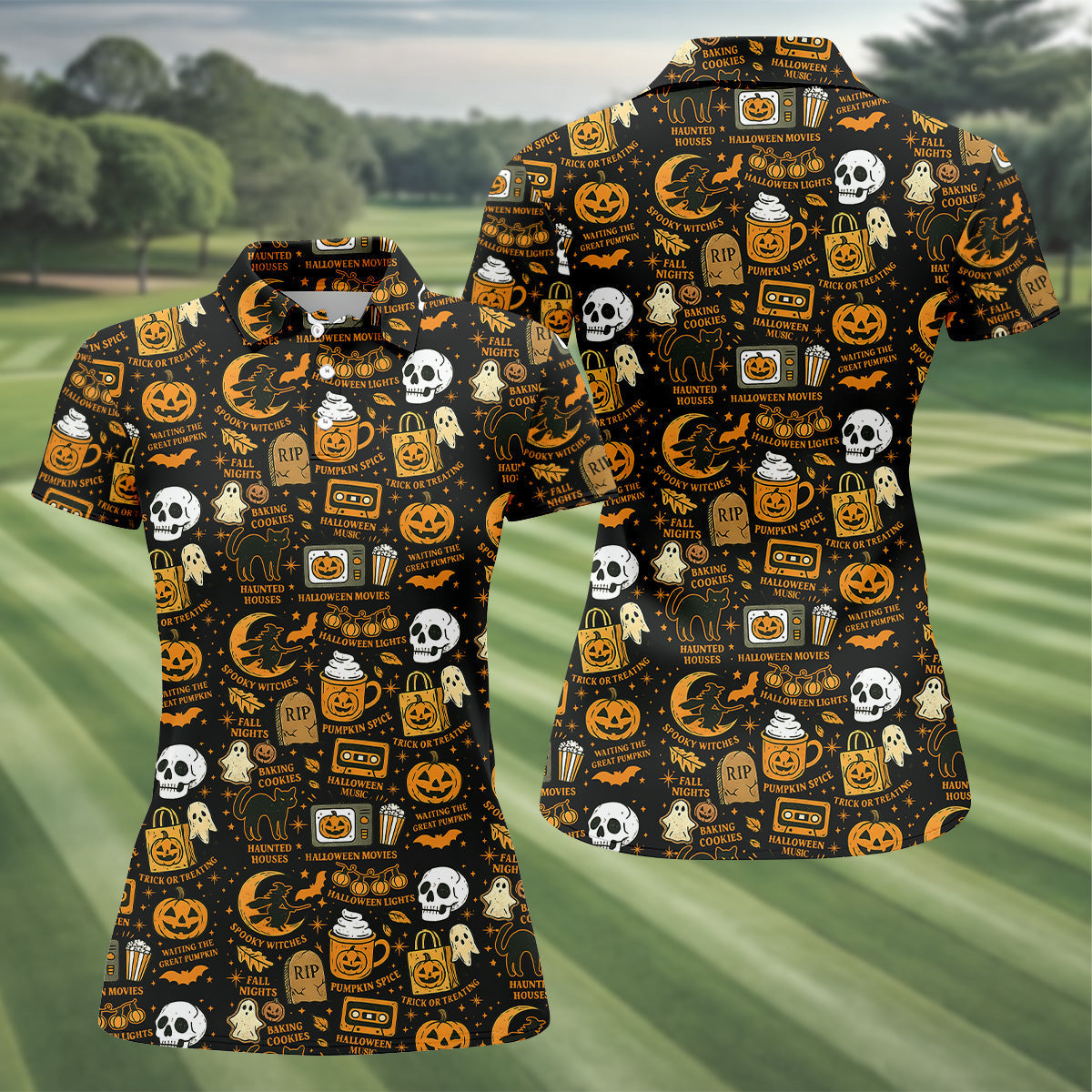Vintage Halloween Cat Golf Polo Shirtloween Theme Shirts, Ghost Pumpkin Ladies Golf Shirts, Golfing Apparel