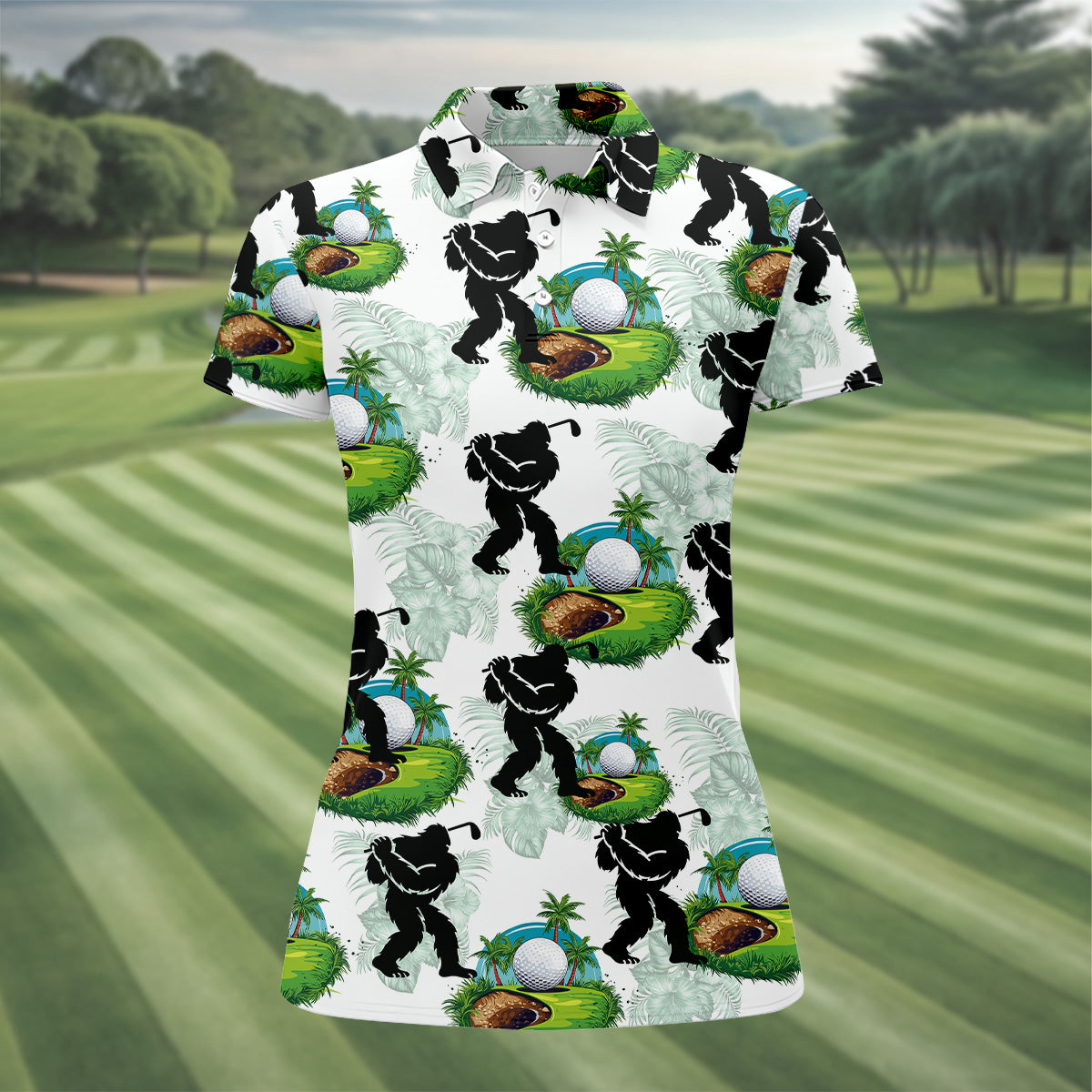 Tropical Golf Cart Bigfoot Golf Shirt, Funny Bigfoot Women Golf Top, Ladies Golf Shirts, Cool Golf Gifts