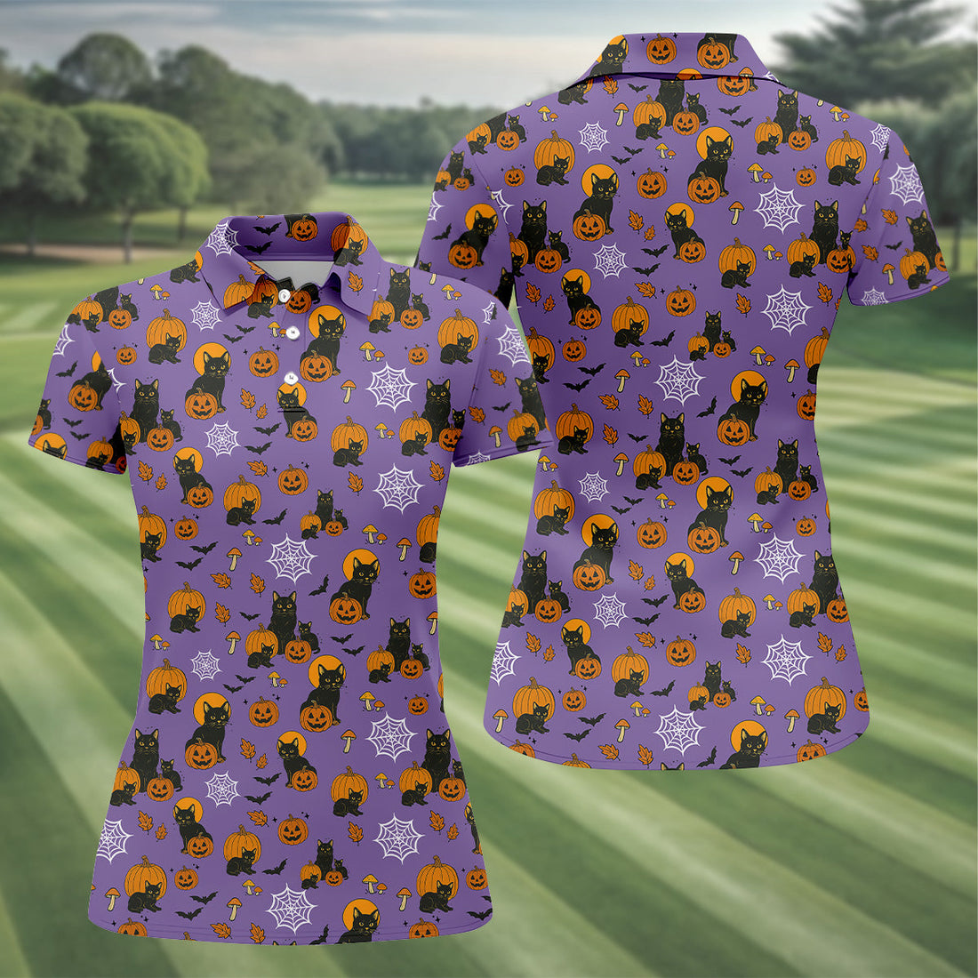 Halloween Cat Pumpkin Purple Golf Shirt, Sleeveless Polo Shirtadies Golf Shirts, Golf Hoodie